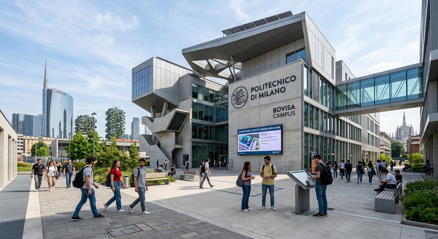 Modern Politecnico di Milano Bovisa campus building with students walking through a contemporary design courtyard, digital screens and interactive installations visible, Milan urban skyline in background, bright daylight