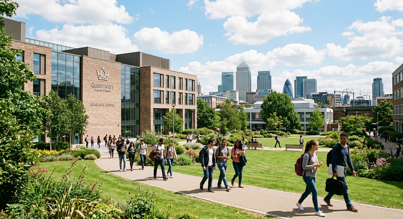 Queen Mary University of London Mile End campus with modern engineering building, students walking through green courtyard, East London skyline in background, bright daylight