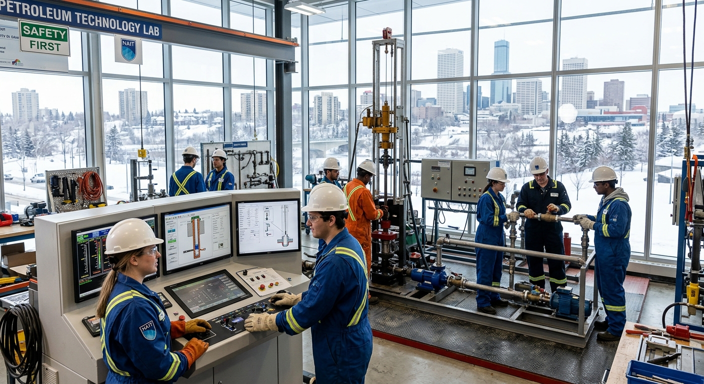 Modern polytechnic campus building in Edmonton Alberta Canada, industrial engineering laboratory with oil and gas equipment, drilling simulators, students in safety gear working with petroleum technology, winter cityscape in background