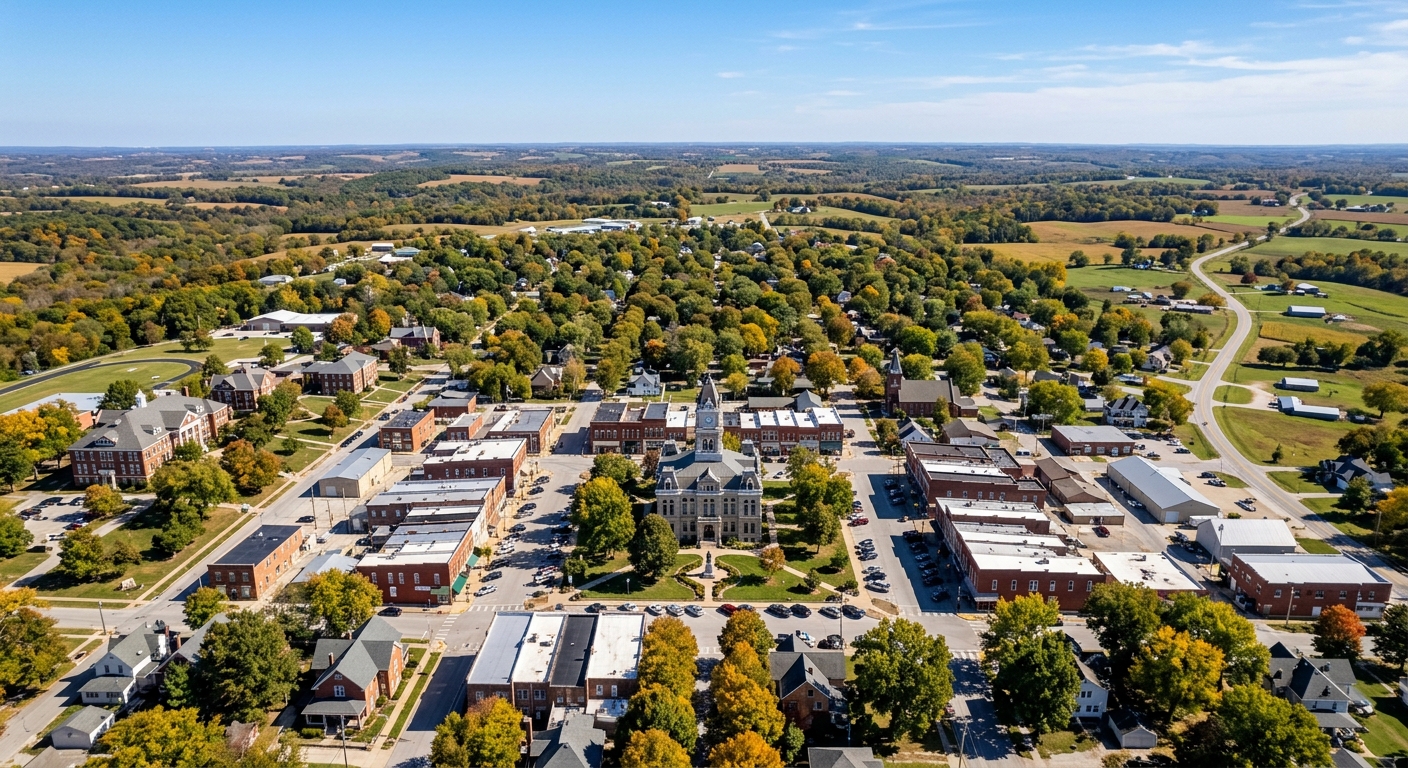 Aerial view of Fayette Missouri, small historic town with tree-lined streets, courthouse square, rolling Missouri hills in background, clear blue sky