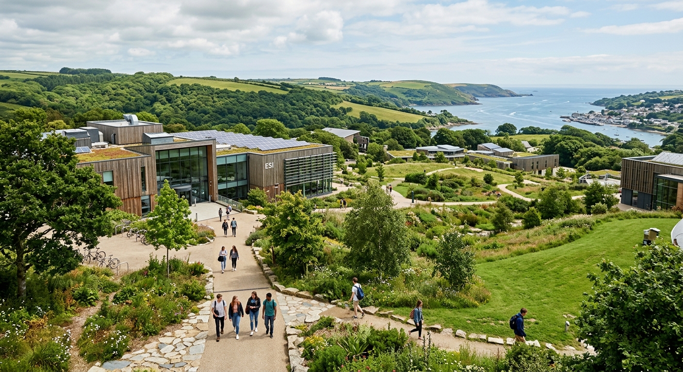 Scenic Penryn Campus in Cornwall surrounded by lush green landscapes, modern eco-friendly university buildings with students walking along pathways, coastal hills and natural habitats visible in the background