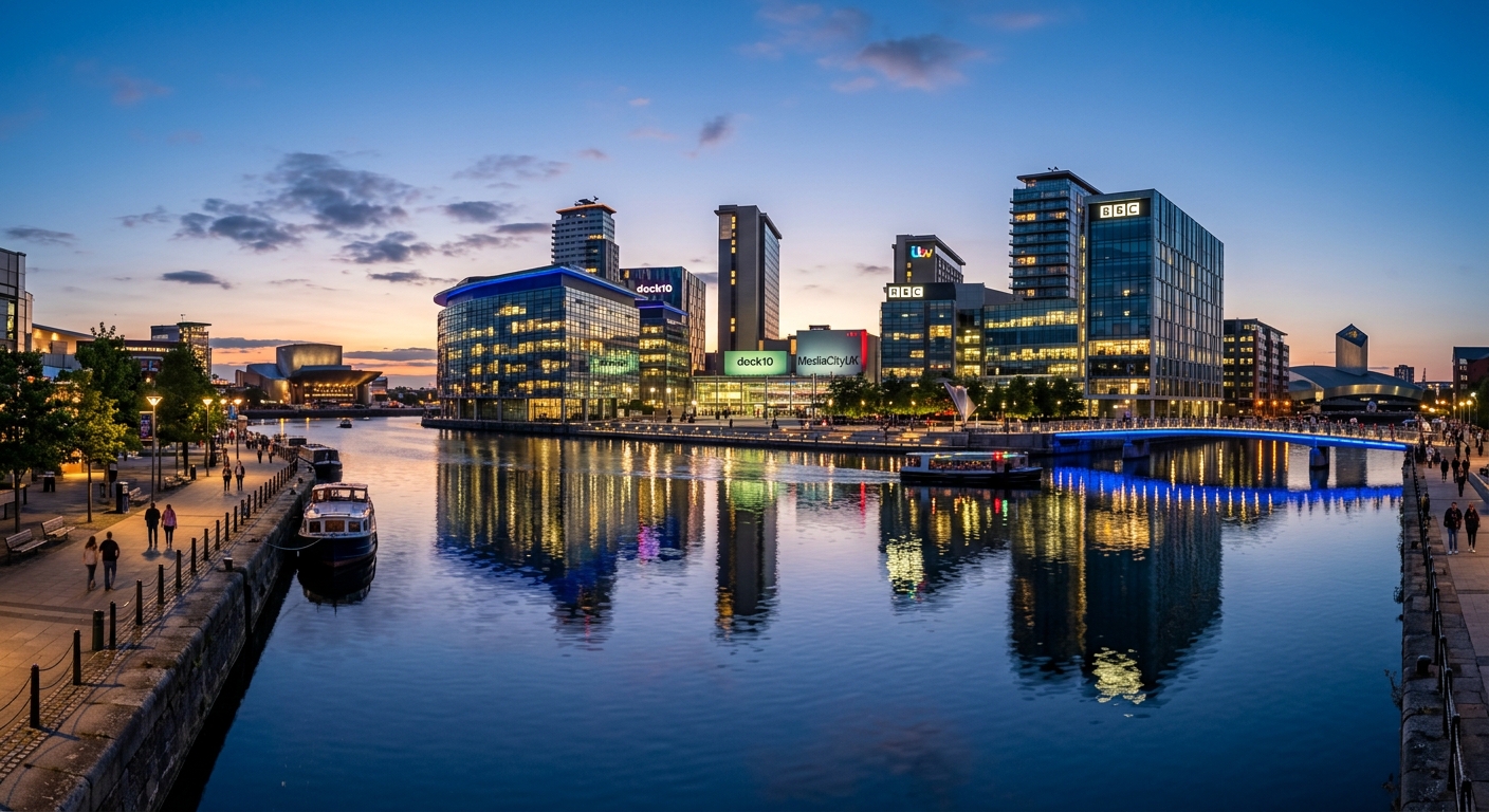 MediaCityUK Salford Quays modern glass buildings reflected in Manchester Ship Canal, contemporary urban waterfront development