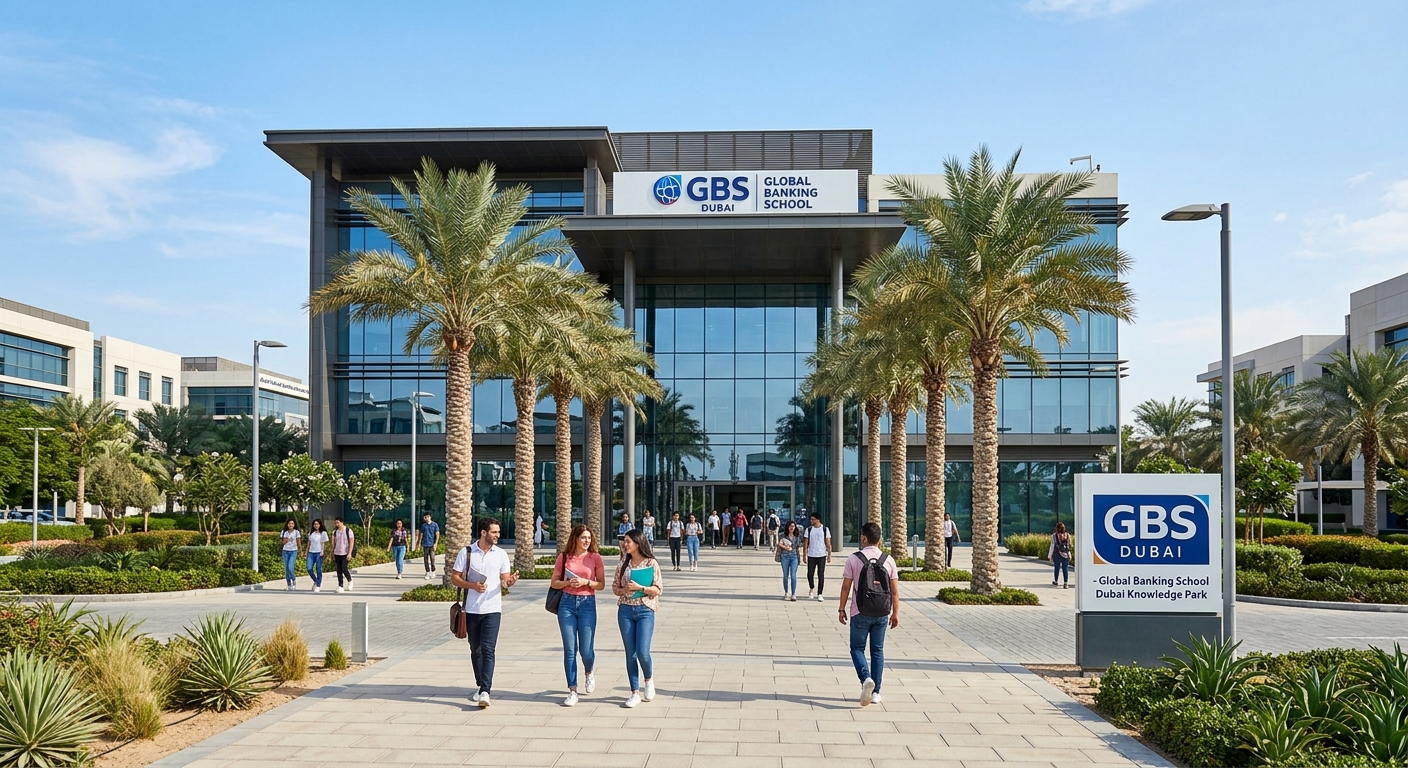 GBS Dubai campus exterior at Dubai Knowledge Park, modern glass and steel educational building, palm trees lining the entrance, clear blue sky, students walking along pathways