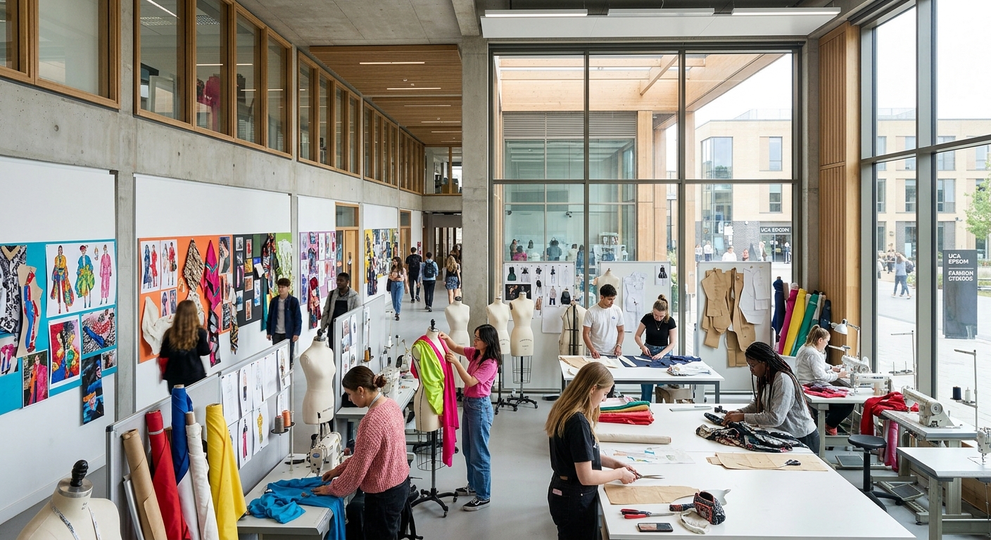 UCA Epsom campus modern building with large glass windows, fashion students working in bright studio spaces, creative displays in hallway