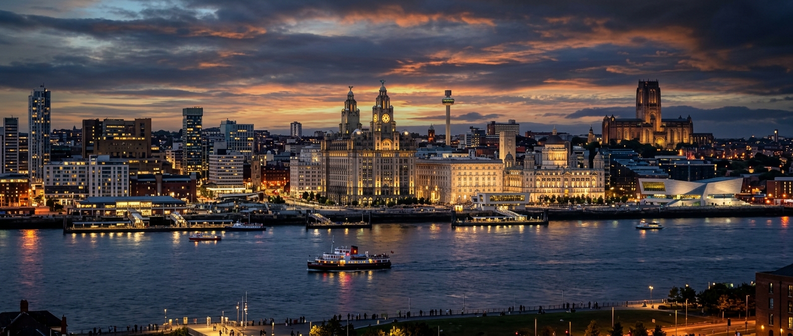 Liverpool city skyline panorama showing the iconic Royal Liver Building, the Three Graces on the waterfront, the River Mersey, and the Anglican Cathedral in the background under dramatic evening light