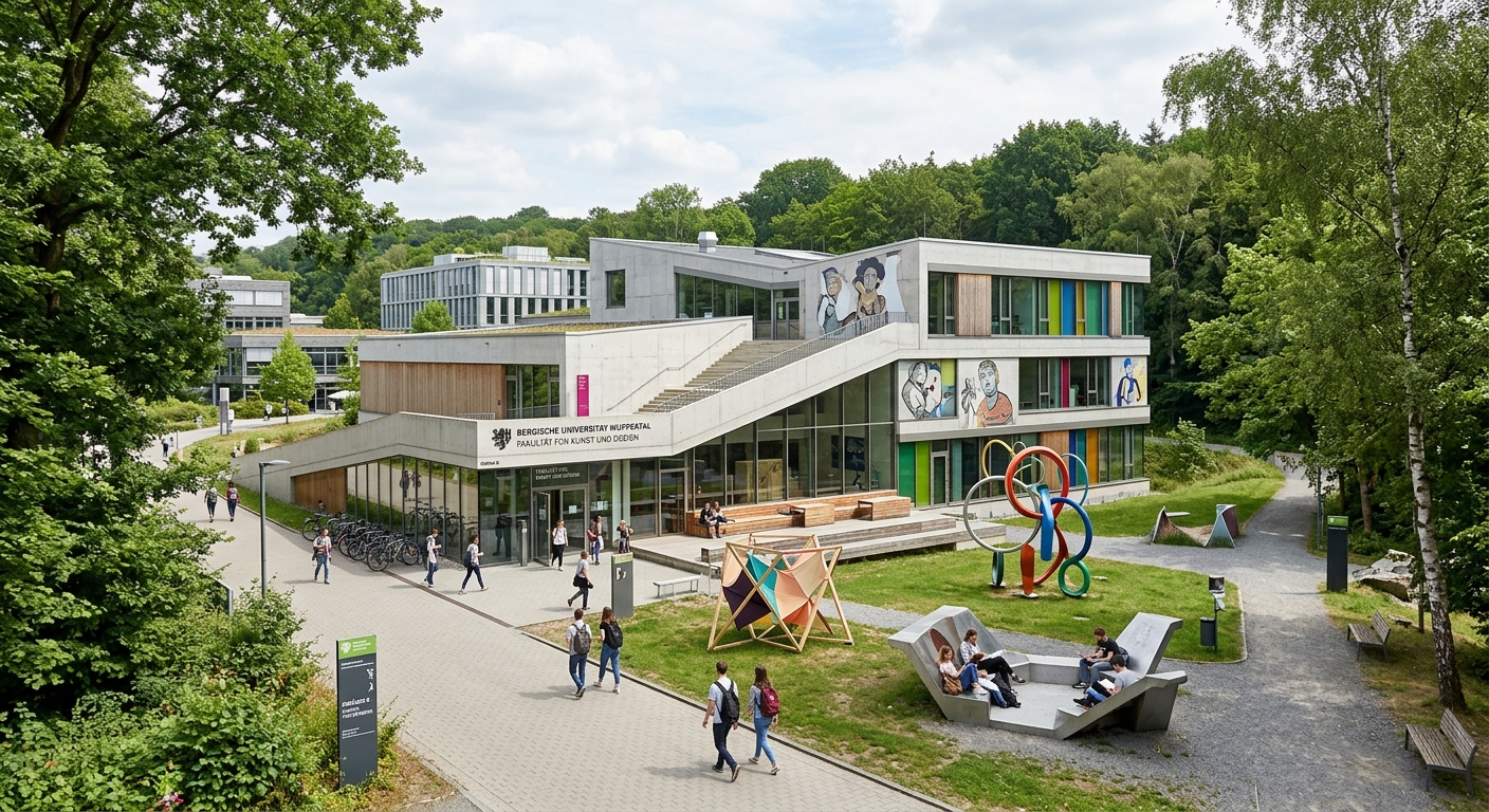 University of Wuppertal Freudenberg campus, art and design building with creative installations, modern architecture surrounded by trees