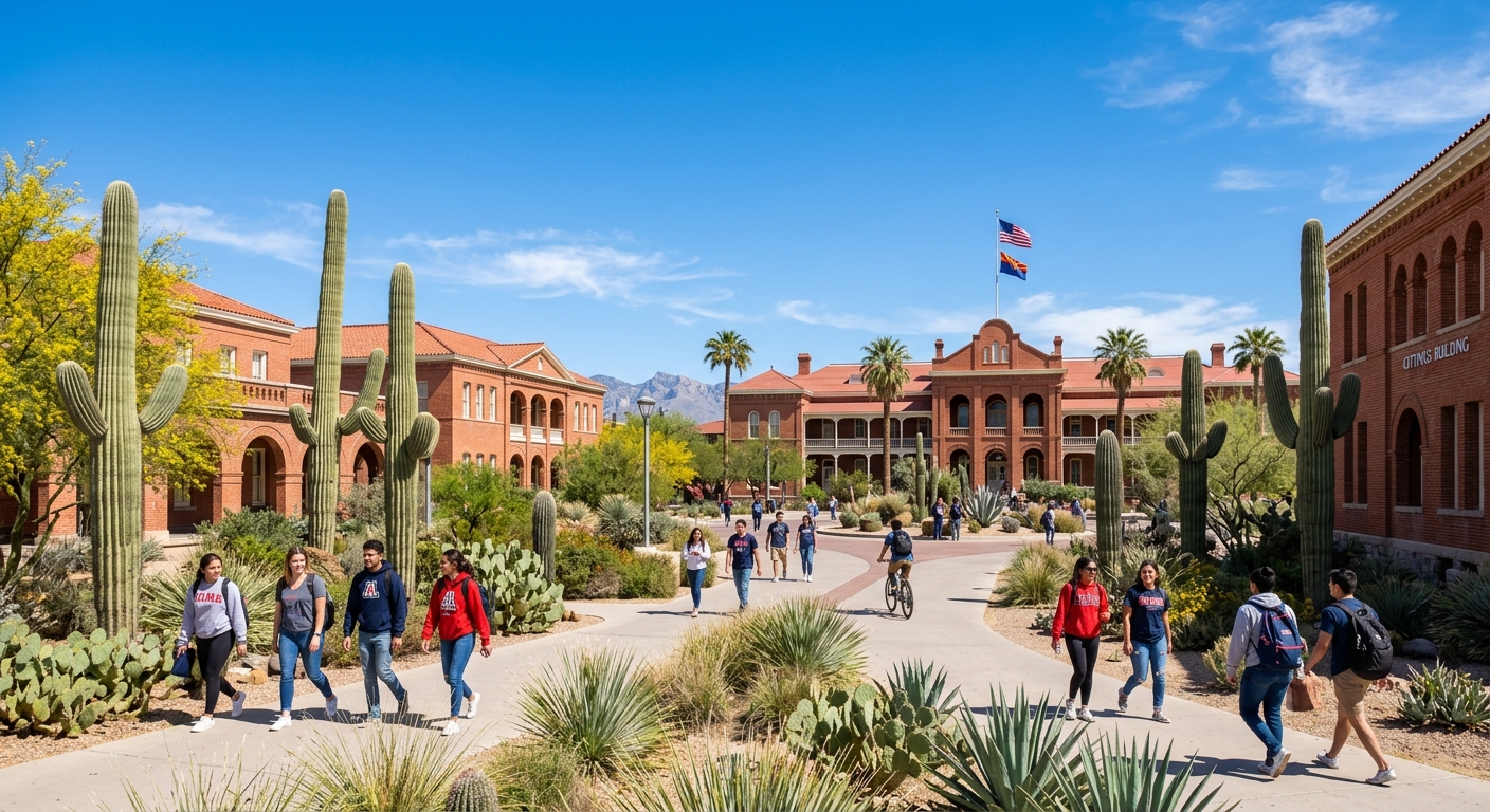 University of Arizona campus in Tucson with red brick buildings, desert landscaping, saguaro cacti, and students walking along pathways under clear blue Arizona sky