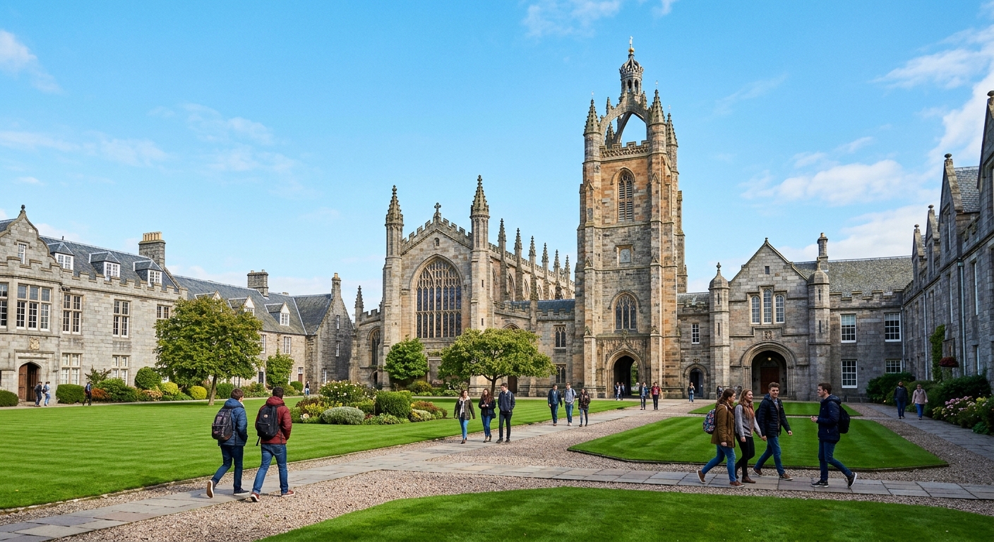Historic King's College campus at University of Aberdeen with its iconic Crown Tower, green lawns, and granite buildings under a clear Scottish sky, students walking along pathways