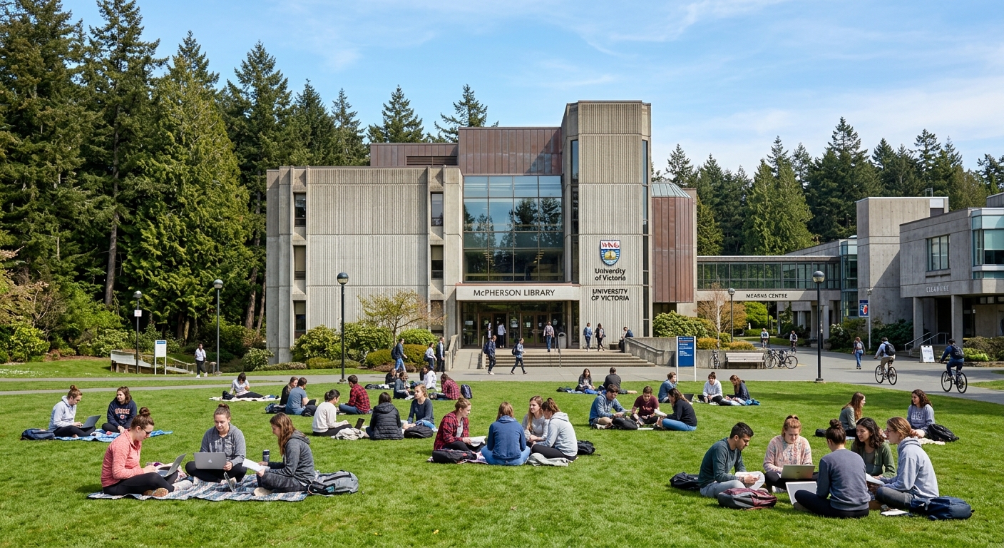 University of Victoria McPherson Library exterior with students studying on the lawn, surrounded by tall evergreen trees and modern campus architecture