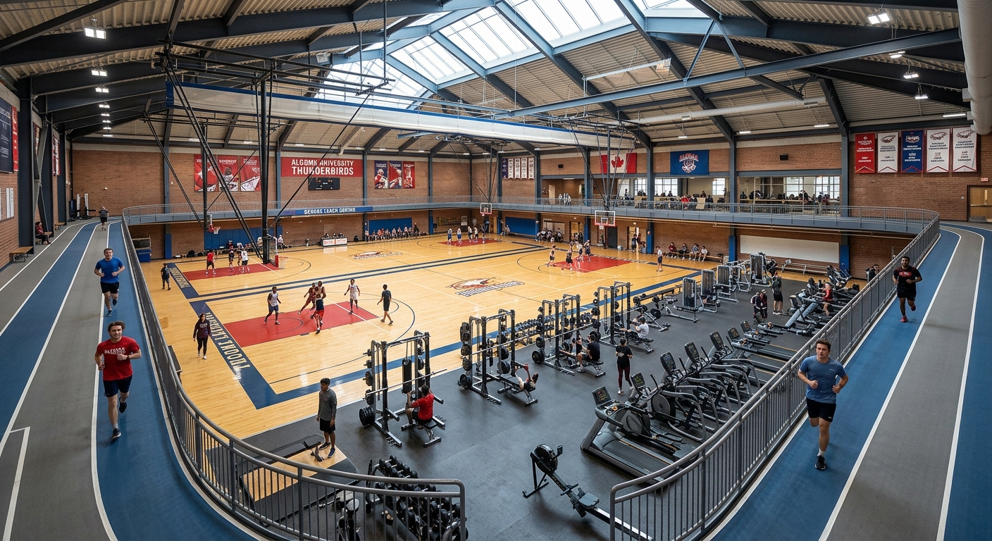 George Leach Centre athletics complex at Algoma University showing a large gymnasium with basketball courts, indoor running track, and fitness equipment