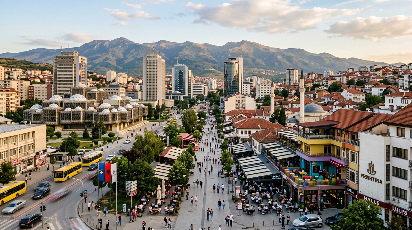 Prishtina Kosovo cityscape panorama, modern buildings mixed with historic architecture, Gollak Mountains in background, bustling streets with cafes and pedestrians, warm afternoon light