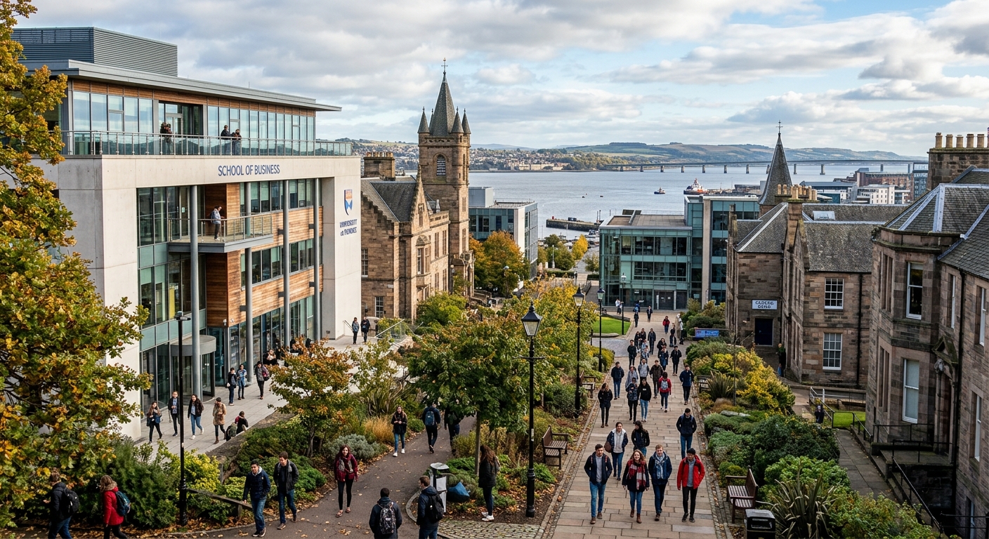 University of Dundee campus in Scotland with modern School of Business building, students walking along tree-lined paths, historic stone architecture blending with contemporary glass facades, overlooking the River Tay