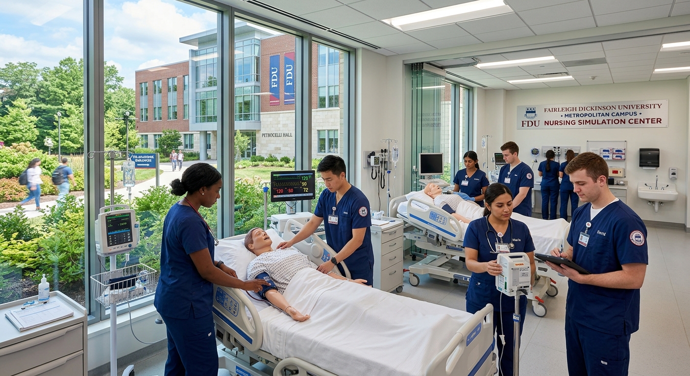 Fairleigh Dickinson University Metropolitan Campus in Teaneck, New Jersey, with modern nursing simulation labs, diverse students in scrubs practicing clinical skills, bright academic building surrounded by green landscaping
