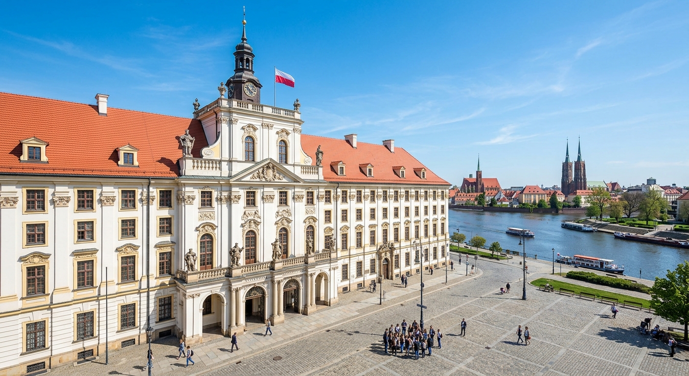 University of Wroclaw main Baroque building on Plac Uniwersytecki with ornate white facade, red rooftops, and the Oder River visible in the background under a clear blue sky