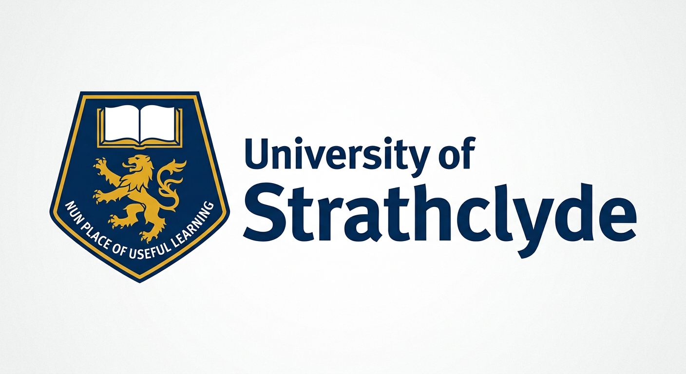 University of Strathclyde official logo, blue shield crest with open book and Latin motto, modern sans-serif university name text