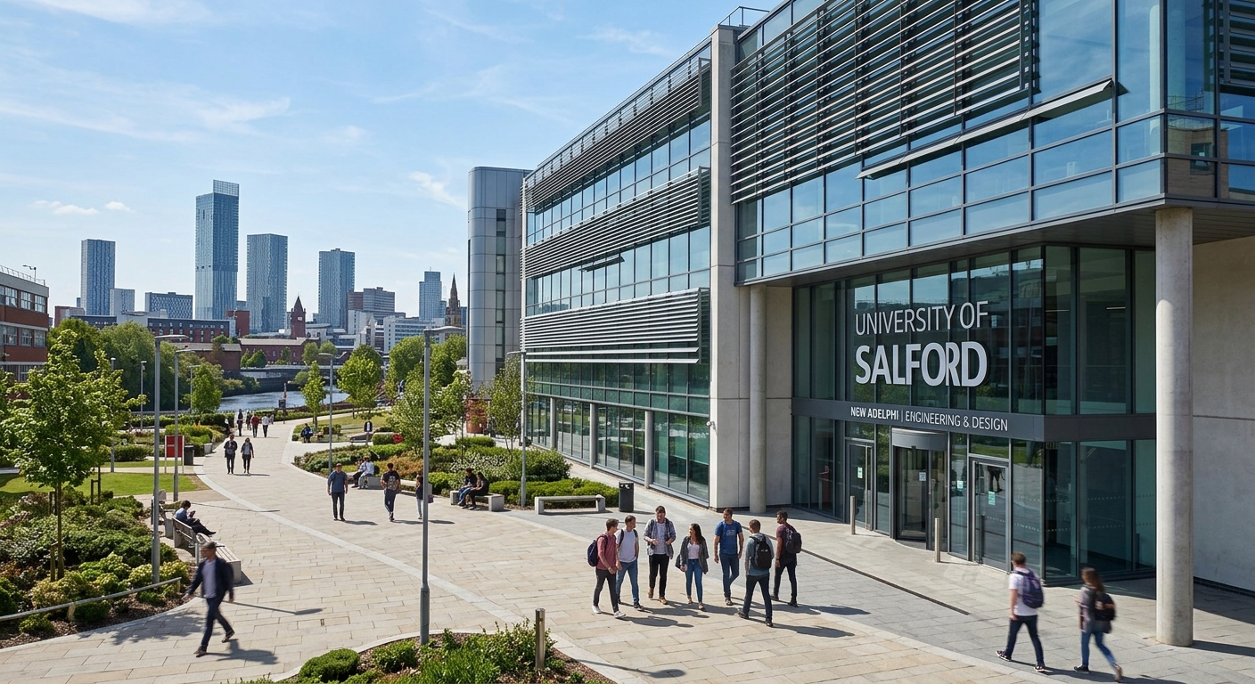 Modern university engineering building at the University of Salford with glass facade, students walking on campus pathways, Greater Manchester skyline in the background, clear sky, contemporary architecture
