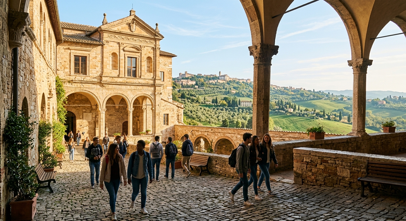 Historic University of Perugia campus building with stone architecture in the Umbria region, students walking through the medieval courtyard, green hills of central Italy visible in the background, warm Mediterranean sunlight