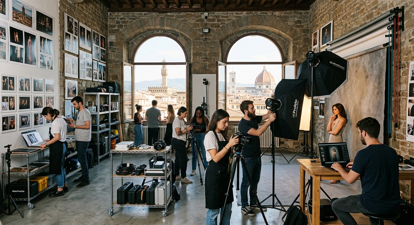 Photography studio at Accademia Italiana in Florence Italy, students working with professional camera equipment and studio lighting, Renaissance architecture visible through large windows, creative atmosphere with prints and portfolios displayed on walls