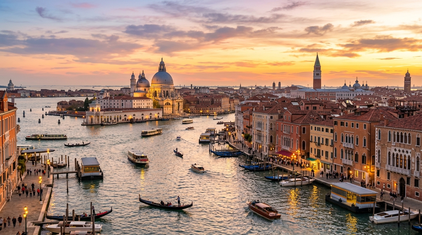 Venice cityscape panorama at sunset, Grand Canal with gondolas and vaporetti, Basilica di Santa Maria della Salute dome, colorful Venetian buildings reflecting on water, warm golden light