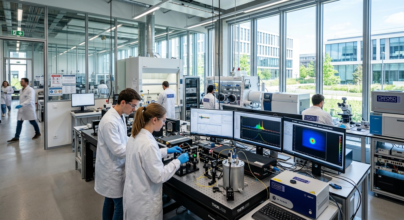 Research laboratory interior at IP Paris, scientists working with advanced equipment, clean modern lab with natural light, high-tech instruments and computer screens