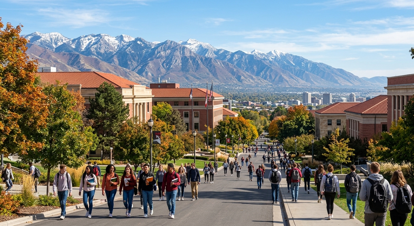 University of Utah campus with red-roofed buildings set against the Wasatch Mountain range, students walking along tree-lined pathways, clear blue sky over Salt Lake City