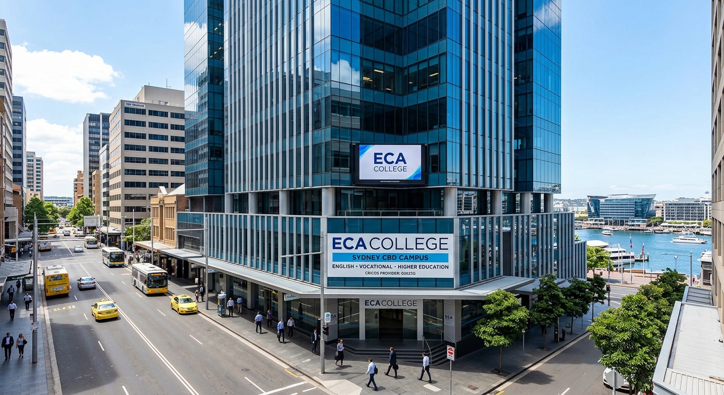ECA College Sydney CBD campus building exterior on Sussex Street, modern glass office tower in the heart of Sydney central business district, blue sky with Darling Harbour visible in the background