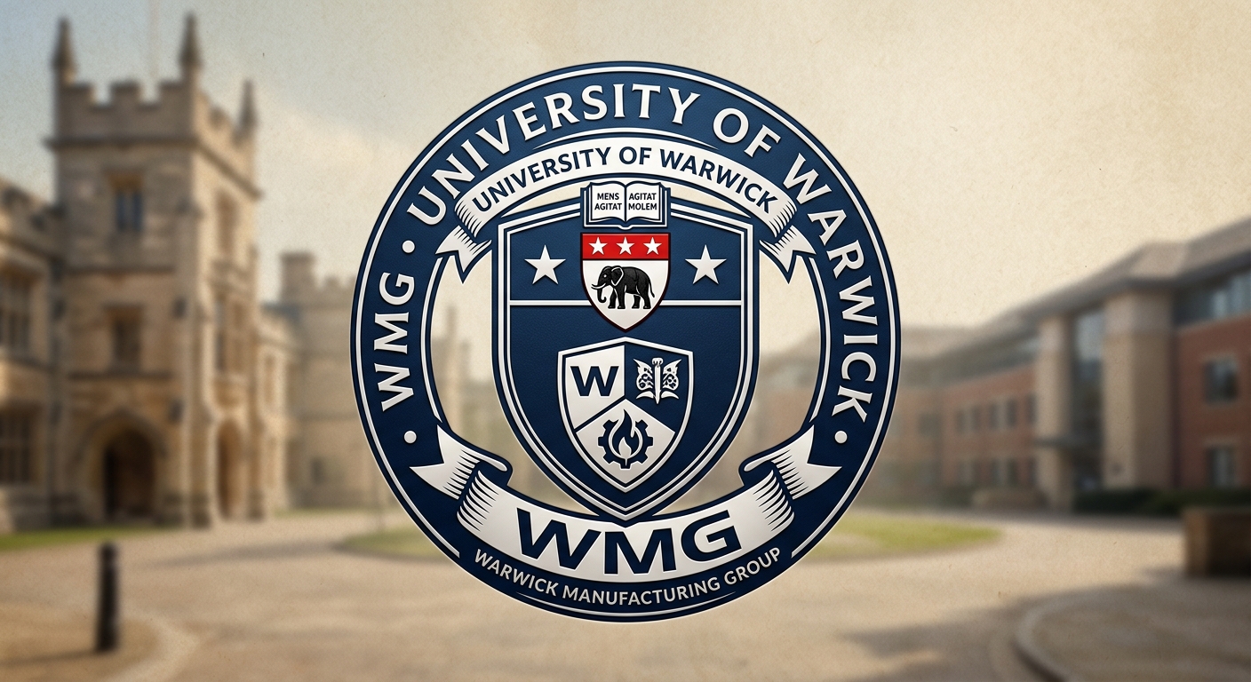 Warwick Manufacturing Group WMG logo, University of Warwick crest, dark blue and white academic emblem with shield design