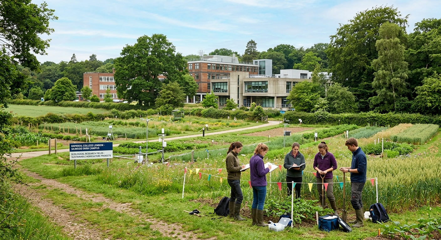 Silwood Park campus at Imperial College London surrounded by lush green landscapes and ecological research fields, students conducting fieldwork in sustainable agriculture, modern laboratory buildings nestled in natural woodland setting