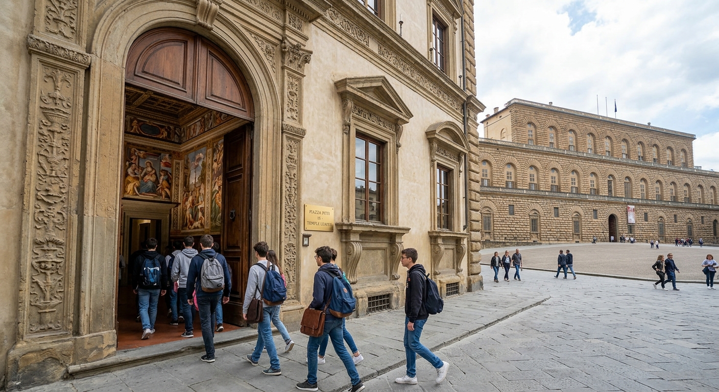 Temple Leader building at Piazza Pitti 15 Florence, ornate Renaissance facade with frescoed interior rooms, students entering through grand doorway, Pitti Palace visible in background