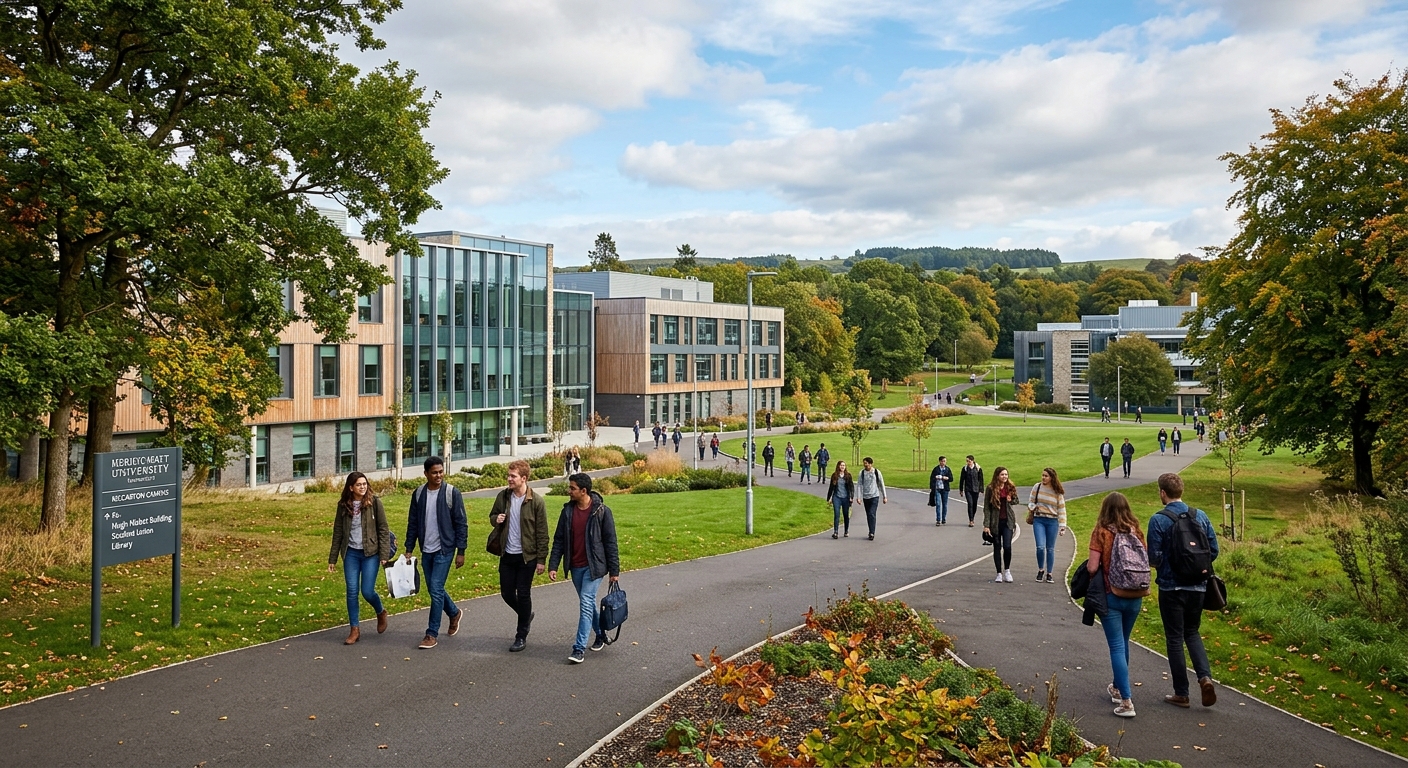 Heriot-Watt University Edinburgh Riccarton campus, modern academic buildings set in green parkland with walking paths and mature trees, students walking between buildings