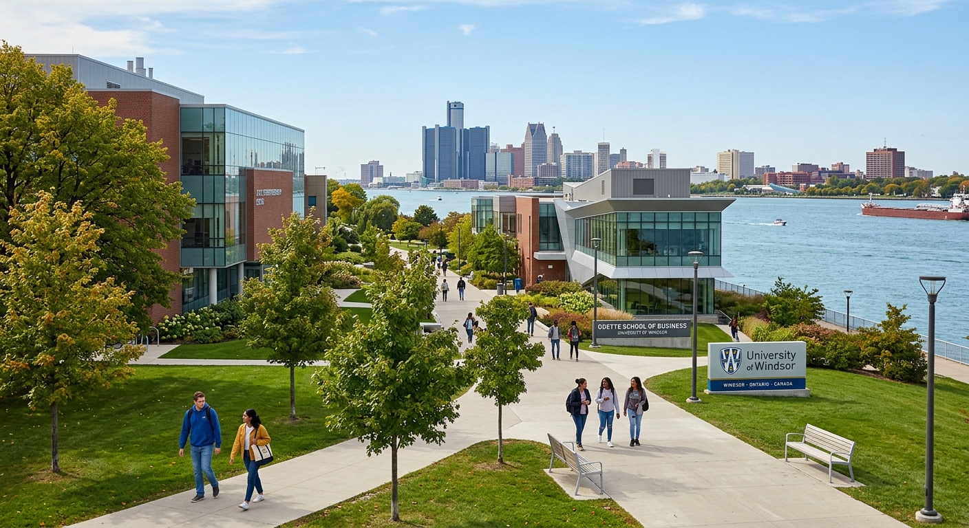 University of Windsor campus with modern academic buildings, green lawns, and students walking along pathways near the Detroit River, Windsor Ontario Canada