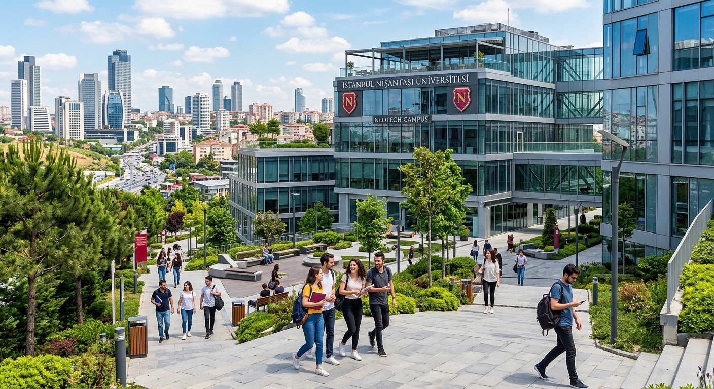 Modern Neotech Campus of Istanbul Nisantasi University in the Maslak district, contemporary glass and steel buildings surrounded by green spaces, students walking on campus pathways with Istanbul cityscape in the background