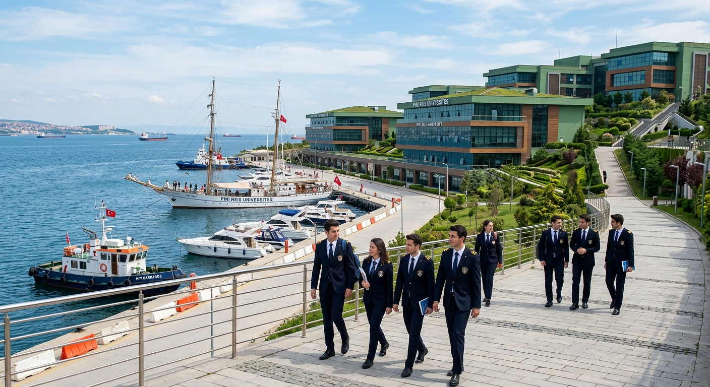 Piri Reis University seaside campus in Tuzla Istanbul with maritime training vessels docked nearby, modern green campus buildings overlooking the Marmara Sea, engineering students in uniform walking along waterfront pathways
