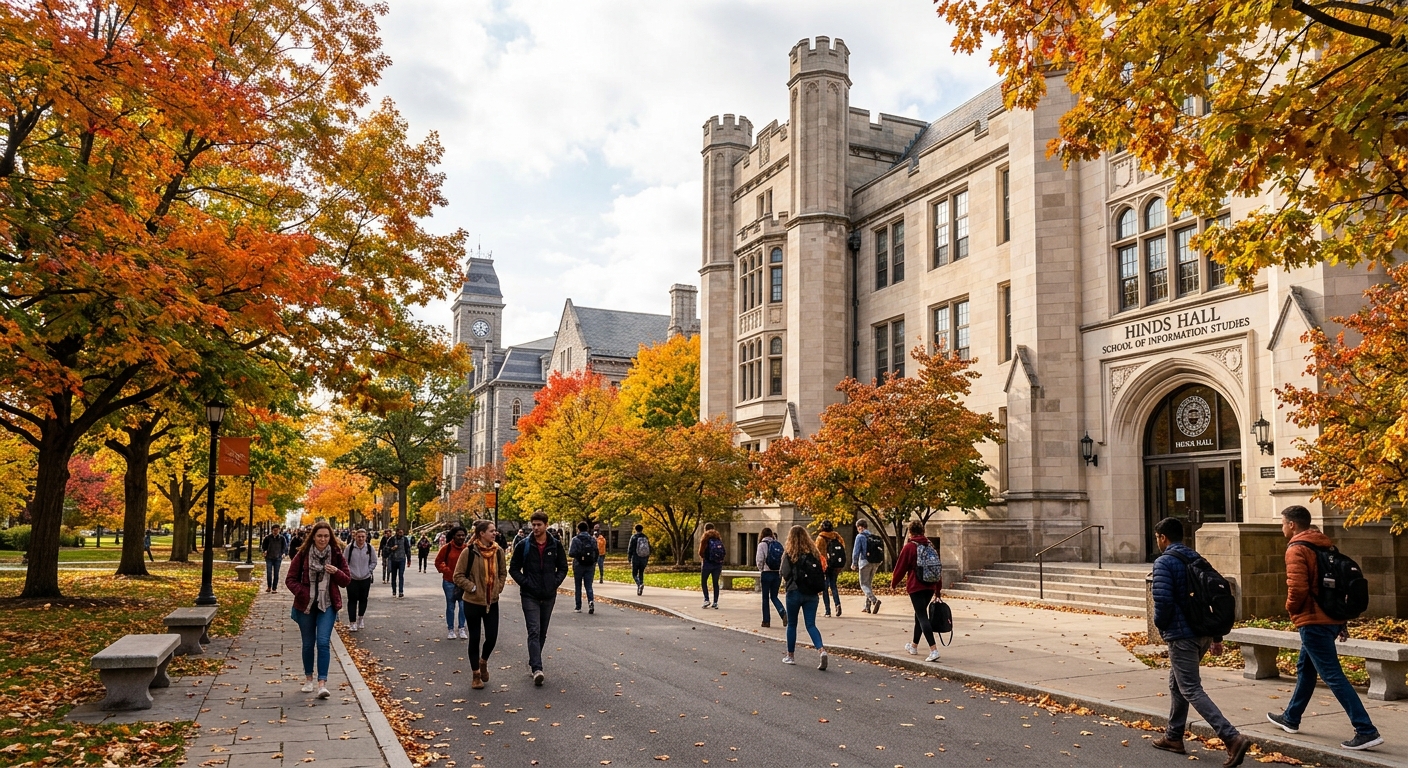 Syracuse University campus with Hinds Hall iSchool building, students walking on tree-lined paths, autumn foliage, collegiate Gothic architecture, vibrant academic atmosphere