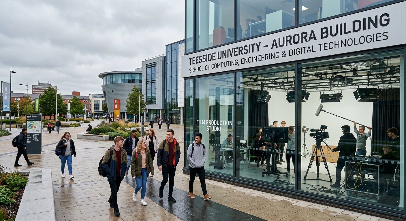 Teesside University modern campus in Middlesbrough with students walking near the award-winning digital facilities, film production equipment visible through glass-fronted media building, overcast English sky