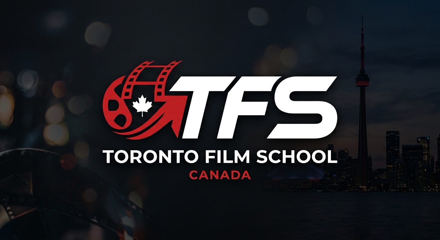 Toronto Film School official logo, stylized TFS letters in bold modern font, dark background with white and red accent colors
