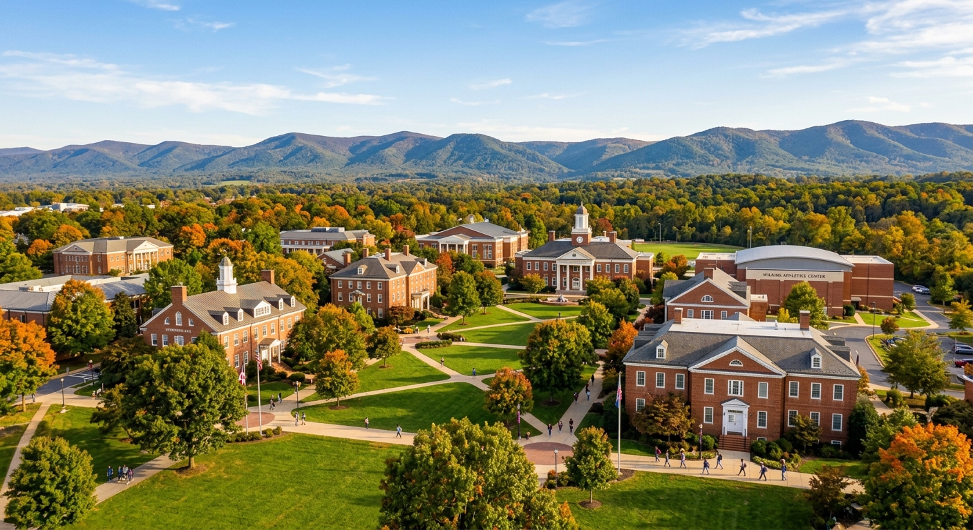 Shenandoah University campus wide shot in Winchester Virginia, red brick academic buildings surrounded by green lawns and mature trees, Blue Ridge Mountains visible in the background, clear blue sky with warm afternoon light