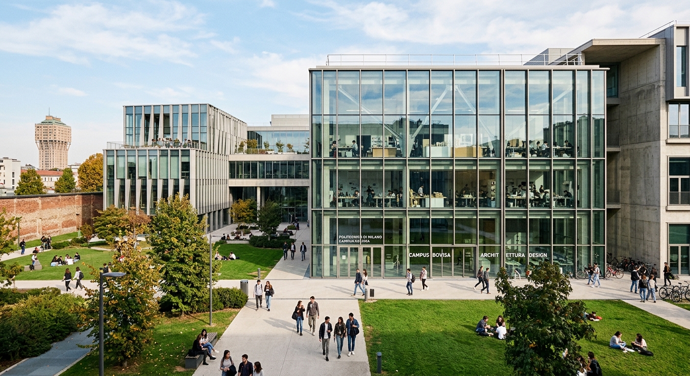 Politecnico di Milano Bovisa campus, modern architectural buildings, open green spaces, design and architecture studios, contemporary glass facades, urban setting