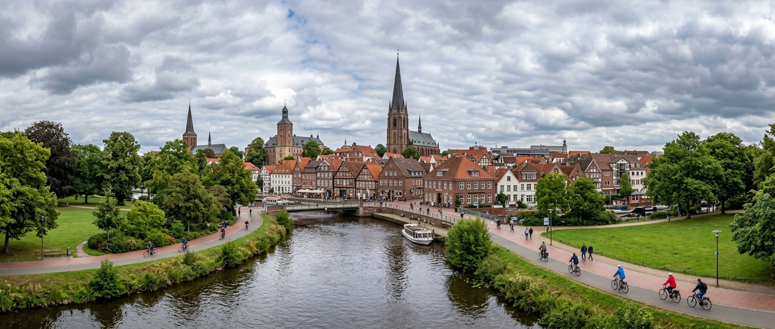 Panoramic view of Oldenburg city center, historic buildings along the Hunte River, church spires, green parks, bicycle-friendly streets, and cloudy northern German sky