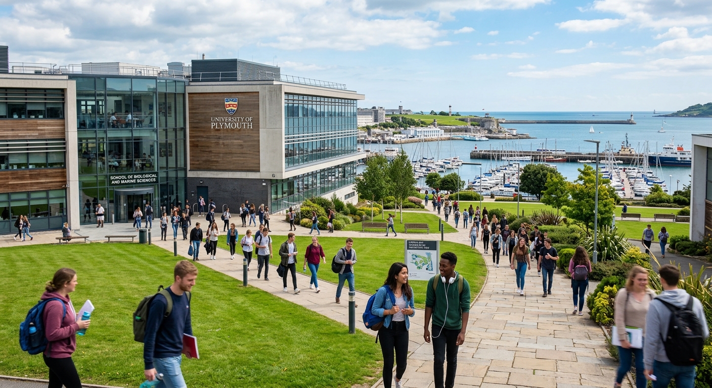University of Plymouth campus with modern science building, green lawns, and Plymouth waterfront in the background, students walking with backpacks near the School of Biological and Marine Sciences
