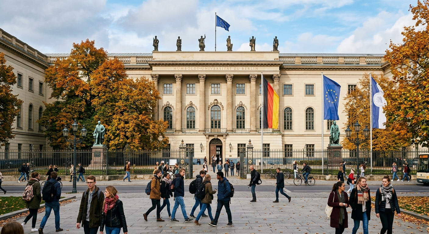 Historic main building of Humboldt University of Berlin on Unter den Linden boulevard, neoclassical architecture with columns, students walking across the courtyard, European flags, autumn atmosphere in Berlin
