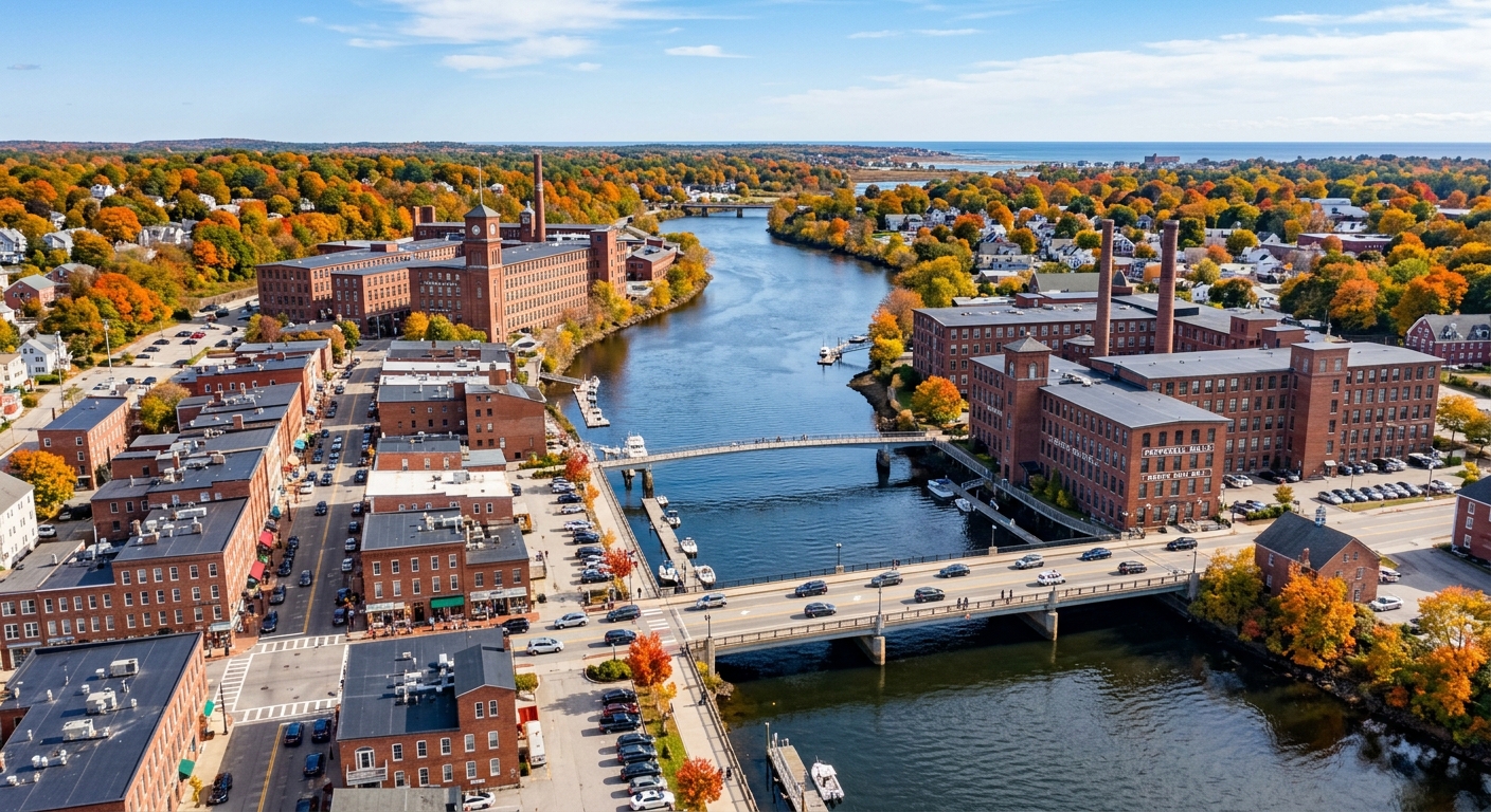 Biddeford Maine downtown area and Saco River waterfront, historic brick mill buildings, charming New England coastal town with bridges, autumn foliage, blue sky