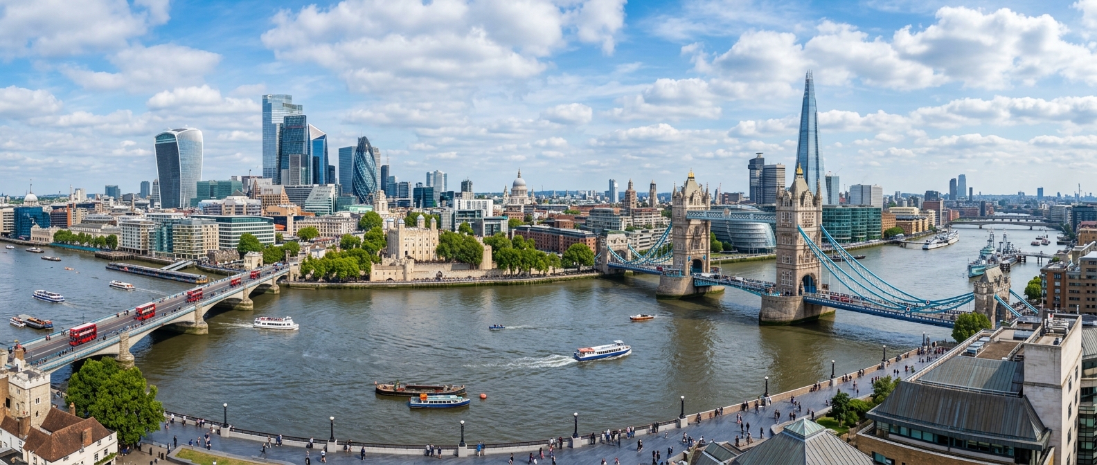 London city skyline panoramic view, River Thames, Tower Bridge, The Shard, modern and historic architecture, blue sky with scattered clouds, vibrant urban landscape