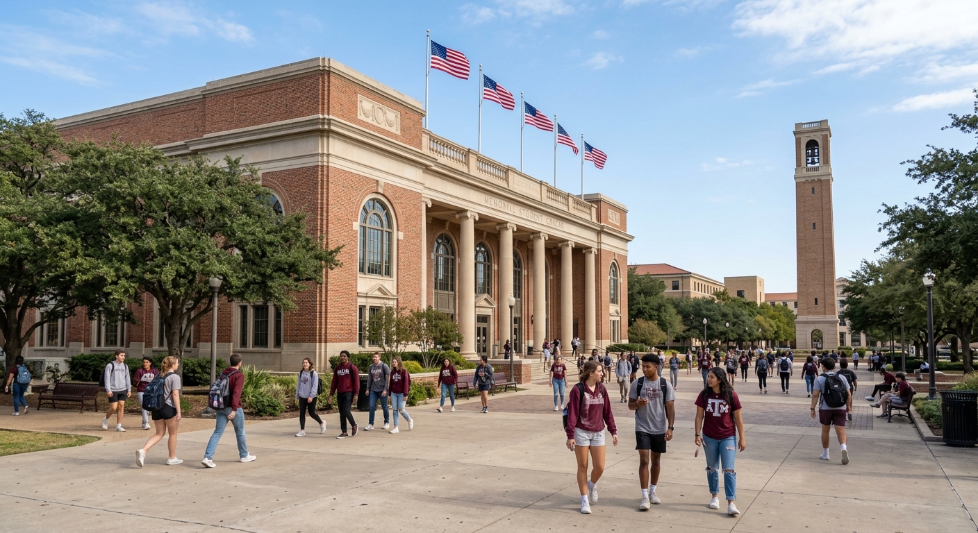 Texas A&M Memorial Student Center with its stately brick facade, students walking along the plaza, American flags displayed, and the Albritton Bell Tower visible in the background