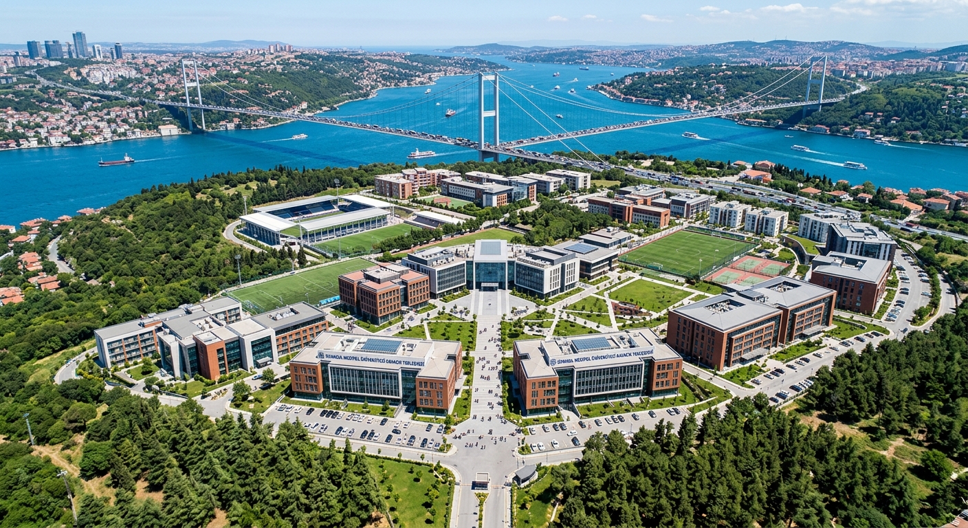 Istanbul Medipol University Kavacık campus aerial view, modern academic buildings surrounded by green hills near the Bosphorus strait, Fatih Sultan Mehmet Bridge visible in the background, bright daylight