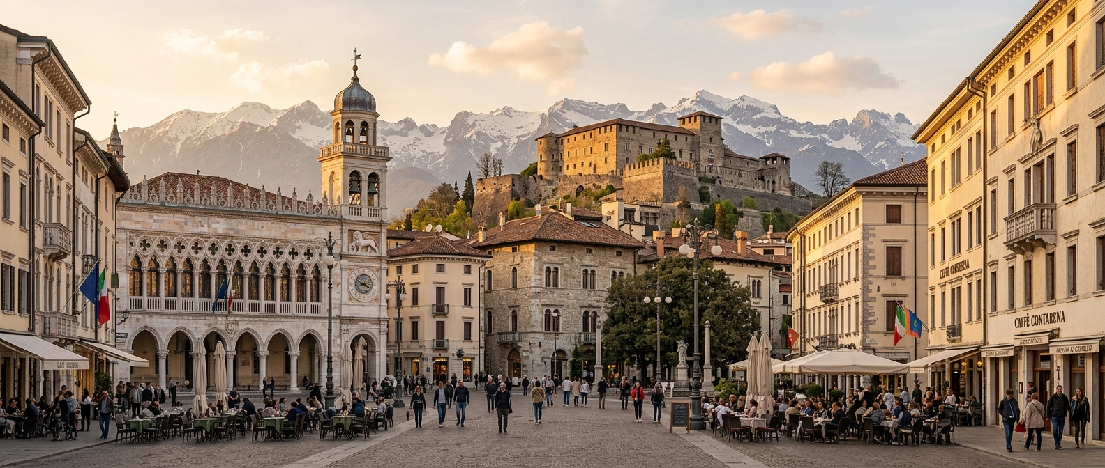 Panoramic view of Udine city centre, Piazza Libertà with Venetian-style architecture, Udine Castle on hilltop in background, cafes with outdoor seating, Alps visible on horizon, golden hour light