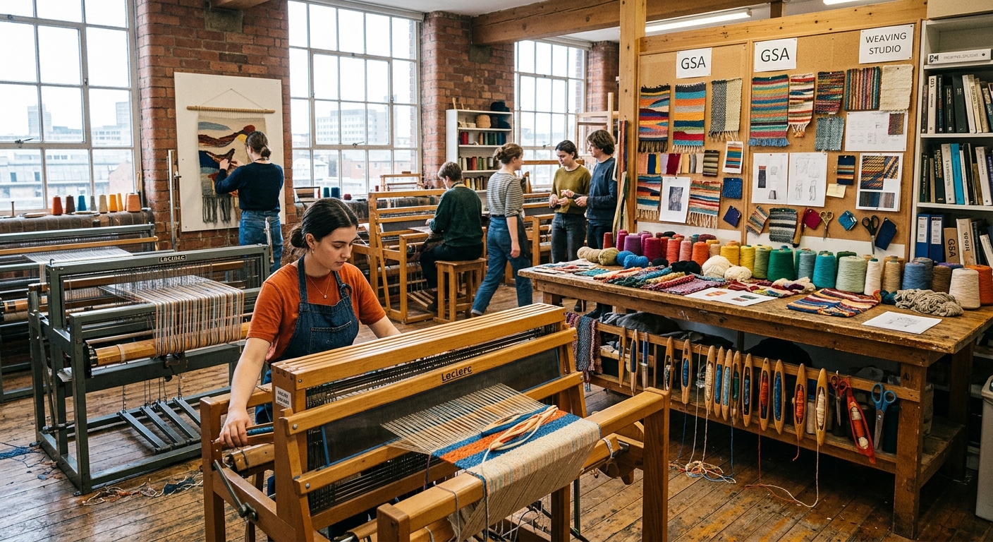 GSA textile workshop with industrial looms, colourful fabric samples, and students working on weaving projects in a bright, well-equipped space