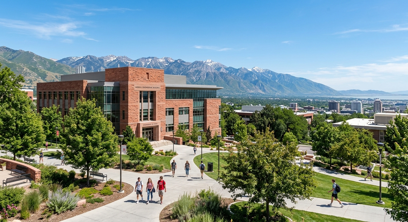 University of Utah campus with the Merrill Engineering Building, red sandstone architecture against the backdrop of the Wasatch Mountains, students walking along tree-lined pathways, clear blue sky over Salt Lake City