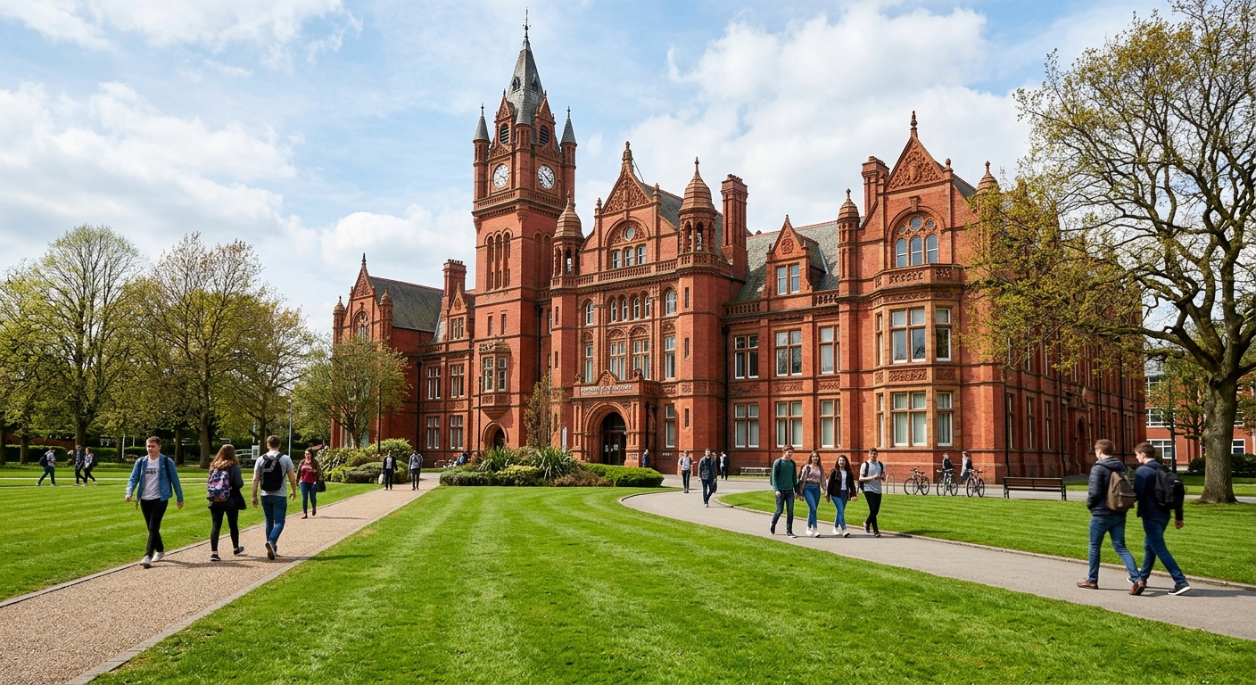 University of Salford Peel Building, Victorian red brick and terracotta architecture with green lawn in foreground, students walking on pathways