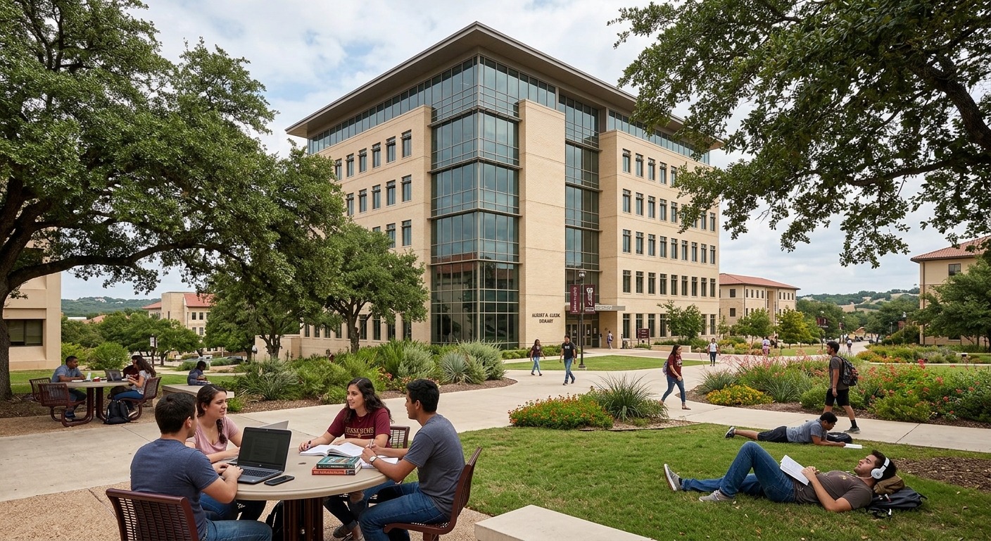 Albert B. Alkek Library at Texas State University, modern seven-story building in center of campus, students studying outdoors, trees and landscaping